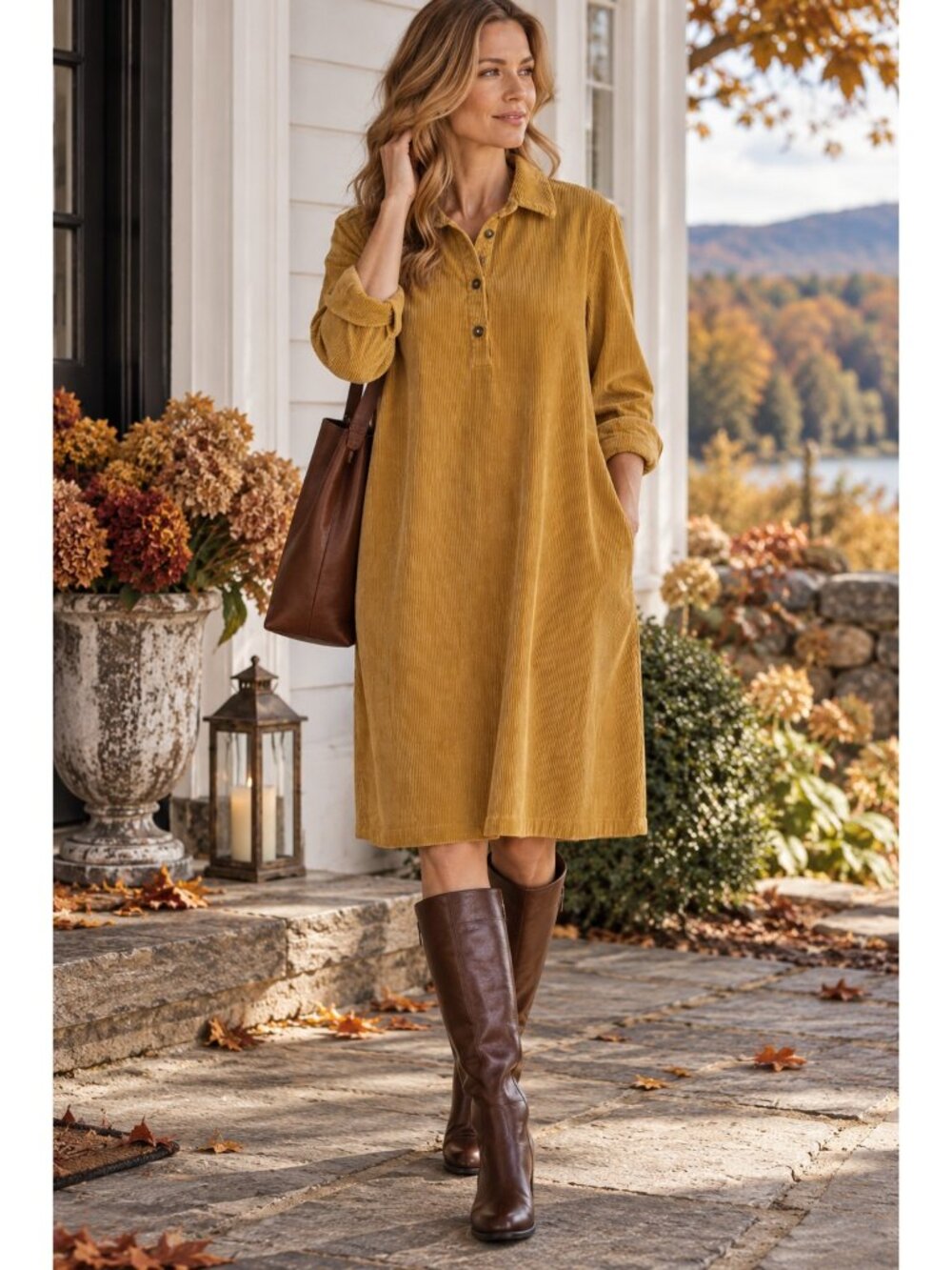 Vermont Country Store Mustard Corduroy Polo Dress S Cotton Cottagecore